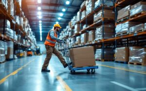 Ouvrier d'entrepôt poussant un roll cage équipé de roues standardisées dans une allée d'entrepôt, palettes empilées et chariots en arrière-plan, éclairage fluorescent vif avec légères volutes de lumière, ambiance réaliste et professionnelle.