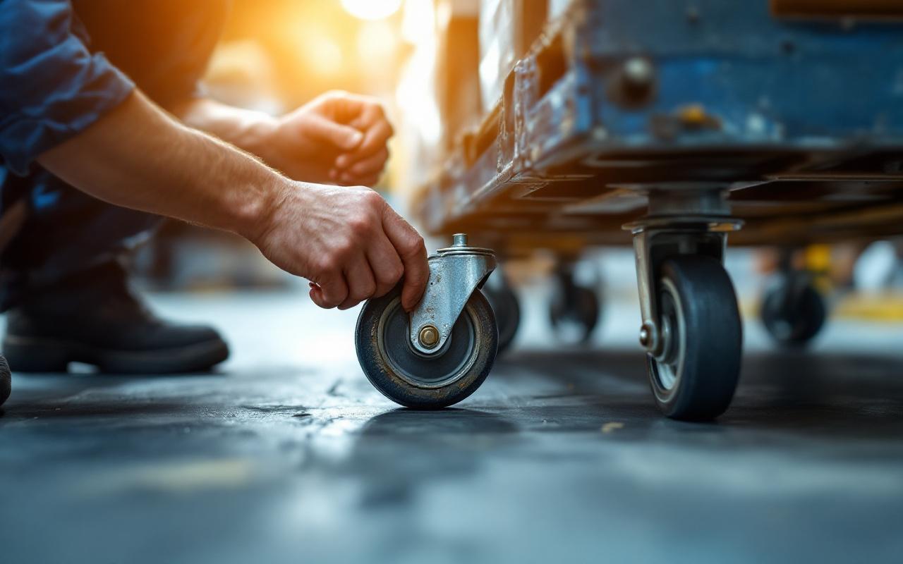 Technicien de maintenance agenouillé inspectant les roulettes sous un chariot d'entrepôt, mains examinant une roue usée. Environnement industriel avec étagères en arrière-plan, lumière volumétrique douce, tons froids et reflets chauds.