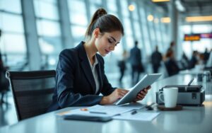 Une femme salariée en formation à l’étranger dans un aéroport consulte des documents de voyage et un contrat d’assurance sur une tablette.