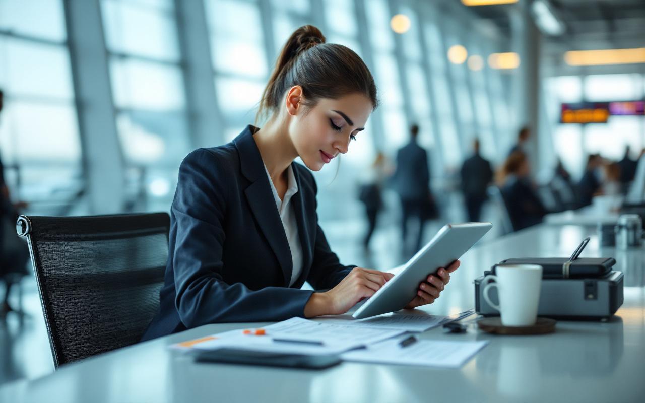 Une femme salariée en formation à l’étranger dans un aéroport consulte des documents de voyage et un contrat d’assurance sur une tablette.