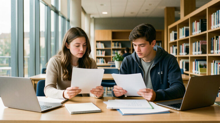 Deux étudiants, une femme et un homme, comparent des brochures vierges et des dossiers de candidature sur une table dans une bibliothèque moderne.