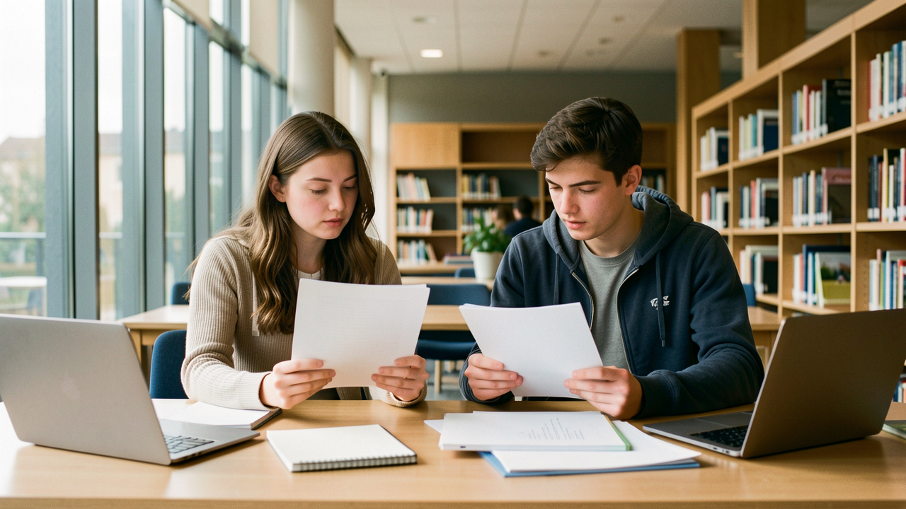 Deux étudiants, une femme et un homme, comparent des brochures vierges et des dossiers de candidature sur une table dans une bibliothèque moderne.