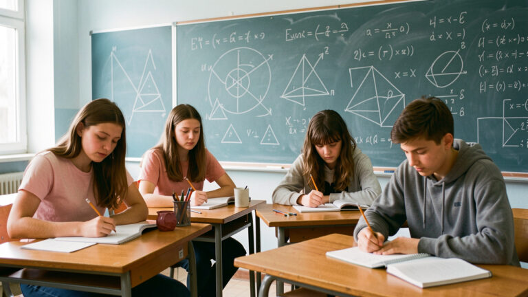 Quatre lycéens concentrés travaillent sur des exercices de mathématiques dans une salle de classe réaliste, avec un tableau couvert de schémas géométriques abstraits.
