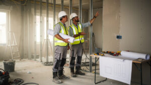 Un chef d’entreprise du bâtiment et un plaquiste échangent sur un chantier de rénovation intérieure, près de cloisons en plaques de plâtre et de plans techniques sans écriture visible.