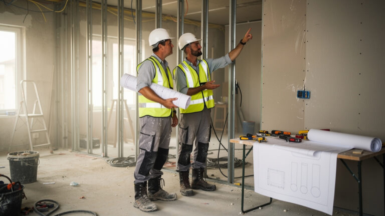 Un chef d’entreprise du bâtiment et un plaquiste échangent sur un chantier de rénovation intérieure, près de cloisons en plaques de plâtre et de plans techniques sans écriture visible.