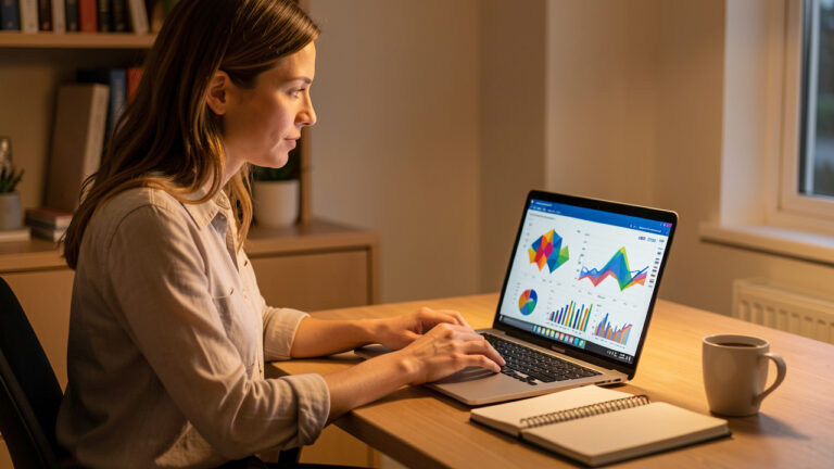Une salariée étudie l’analyse de données sur un ordinateur après sa journée de travail, dans un espace de travail chaleureux et organisé.
