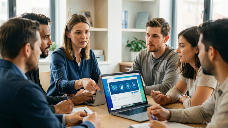 Une formatrice en cybersécurité sensibilise un groupe de salariés d’une PME aux risques du phishing dans un bureau moderne.