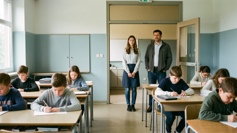 Une jeune enseignante en formation observe une classe de collège aux côtés de son tuteur dans une ambiance réaliste et institutionnelle française.
