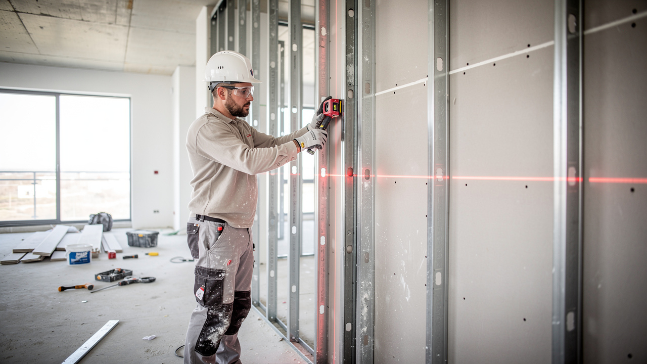 Un plaquiste équipé de protections pose une ossature métallique et des plaques de plâtre dans un appartement en rénovation, avec un niveau laser.