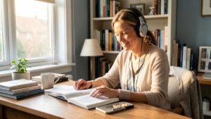 Femme de 35 ans étudiant l’anglais à son bureau avant de reprendre des études, dans une atmosphère calme et motivante.