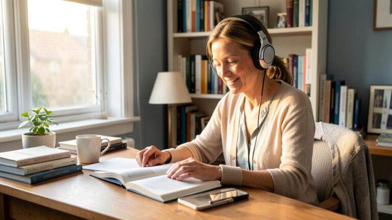 Femme de 35 ans étudiant l’anglais à son bureau avant de reprendre des études, dans une atmosphère calme et motivante.