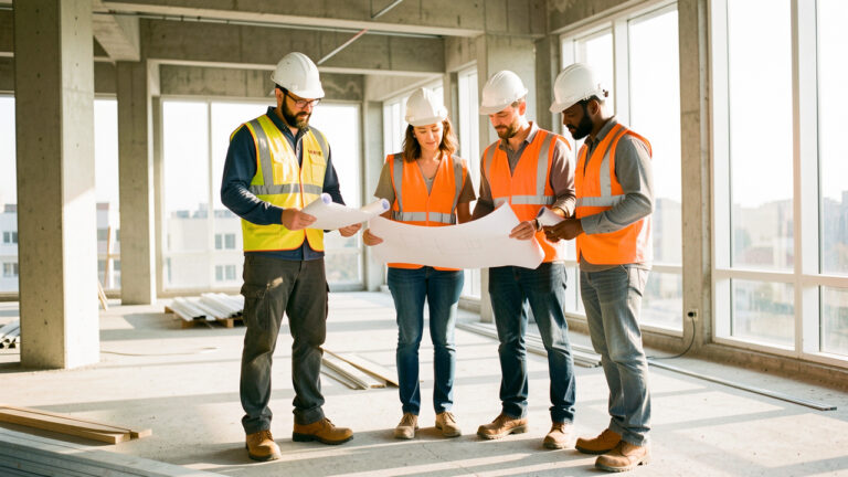 Une équipe composée de deux hommes et d’une femme du secteur du bâtiment se réunit sur un chantier lumineux avec des plans et des équipements de protection.