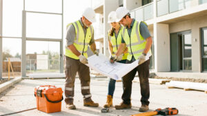 Petite équipe composée de deux hommes et d’une femme en tenue de sécurité, étudiant des plans et manipulant des équipements sur un chantier lumineux.