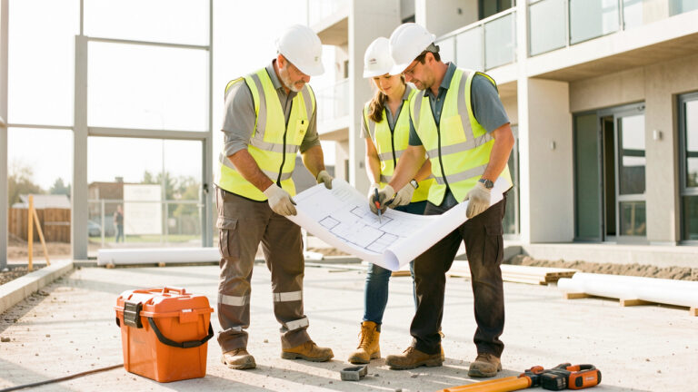 Petite équipe composée de deux hommes et d’une femme en tenue de sécurité, étudiant des plans et manipulant des équipements sur un chantier lumineux.