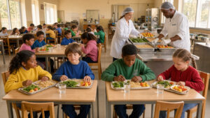Réfectoire scolaire lumineux où des garçons et des filles déjeunent à table avec des plateaux équilibrés, tandis que deux membres du personnel en tenue d’hygiène organisent le service.