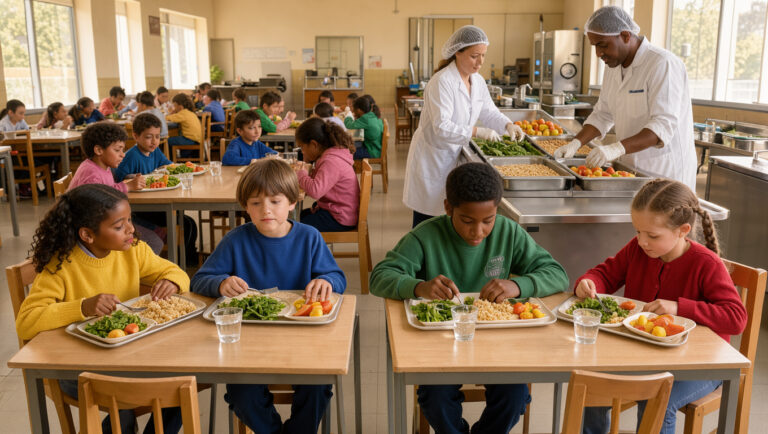 Réfectoire scolaire lumineux où des garçons et des filles déjeunent à table avec des plateaux équilibrés, tandis que deux membres du personnel en tenue d’hygiène organisent le service.