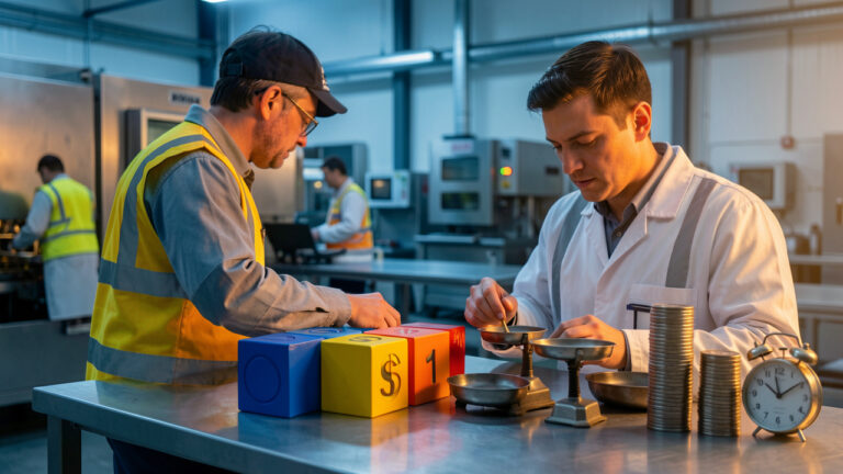 Un travailleur industriel examine cinq blocs colorés représentant les rotations d’un rythme de travail, avec une balance, une horloge et des pièces symbolisant les droits et le coût.
